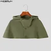 INCERUN Men Trench Cloak Solid Color Button Sleeveless Hooded Casual Ponchos Streetwear Fashion Irregular Coats Cape S-5XL 240228