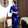 Платье фиолетового цвета Cheongsam, традиционное китайское новогоднее платье с рукавами-браслетами, женское длинное бархатное Ципао с длинным рукавом и цветочной вышивкой