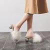 Slippers Ostrich Feather Round High Heels Outwear Women Open Toe Sexy Slides Anti-skid Trendy Square Sandals Mujer 2024