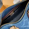 レディースヴィンテージデザイナーオールドフラワーデニムブルーピローショルダーバッグトップハンドルトートレザーストラップクロスボディハンドバッグ