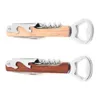 New Creative Wood Handle Wine Opener Stainless Steel Hand Held Bottles Openers Double Hinge Corkscrew Simple Durable 3 2g1846190