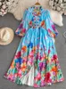 Casual Dresses 2024 Holiday Gorgeous Flower Dress Women's Linen V Neck Long Lantern Sleeve Floral Print Single Breasted Fairy Maxi Vestidos