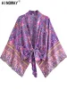 Cover-up Vintage Purple Floral Boho Kimono Short Robe Baddräkter kvinnor mode Batwing ärmar Rayon Bohemian Bikini Cover Ups Beachwear