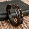 Bracelet en cuir et pierre naturelle pour hommes, en pierre noire, tissé à la main, en perles, bijoux, cadeau