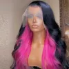 Perucas de cabelo preto rosa dois tons onda do corpo peruca dianteira do laço sintético longo cabelo ondulado calor amigável fibra perucas diárias cosplay 240306