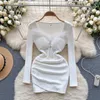 Casual Dresses Foamlina Spring Autumn Women's Dress Solid Faux Fur V Neck Long Sleeve See Through Mesh Patchwork High midje Mini Party