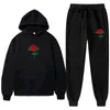 2 peças conjunto hoodies sweatpants terno rosa flor impressão agasalho das mulheres dos homens moletom de lã com capuz calças jogging pulôver 240228