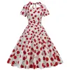 Kleid mit Herzausschnitt, hoher Taille, Kirsche, Vintage-Stil, 50er-Jahre-Midikleid, kurzärmelig, rückenfrei, für Damen, zum Binden am Rücken, Rockabilly-Pinup-Party-Swing-Kleid