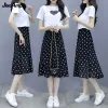 Suits 2024 Summer New Shortsleeved Tshirt Chiffon Polka Dot Skirt Twopiece Set Women's Allmatch White Top Black Midi Skirts Suit