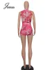 Sets Joskaa Printed Mesh See Through Sleeveless Bodysuits and Shorts Two Piece Set Woman 2022 Summer Sexy Club Outfits