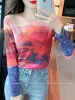 Blouse Artistic Printing Gauze Blouses Women Shirts Long Sleeve Seethrough Mesh ONeck Female Blouse Elegant Slim Blusas Tops 2023