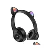 Headphones Earphones Cute Cat Ears Bluetooth Wireless Headphone With Mic Noise Cancelling Kid Girl Stereo Music Helmet Phone Heads Dhtk3