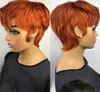 Laranja gengibre cor peruca curto ondulado bob pixie corte completo máquina feita sem renda perucas de cabelo humano com franja para preto feminino brasileiro 5515863