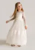 Prenses Sheer Tül Çiçek Kız Elbiseler Uzun Kollu Özel Yapım Dantel Tasarımcı İlk Cemaat Elbiseleri En son Tasarımcı