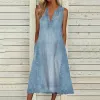 Robe femmes mode Denim robe unie col en V sans manches robe de vacances ample Petite Maxi robe longue robes pour un usage quotidien 2023 nouveau