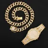 Strands Iced Out Watch for Men Women Hip Hop Rapper Miami Cuban Chain Gold Necklace Paved Rhinestones Bling Set Jewelry Choker 13mm 230613