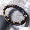 Beaded Mens Natural Stone Mti Layered Leather Bracelets For Women Tiger Eye Lava Rock Beads Chains Bangle Fashion Magnetic Buckle Jew Dhqon