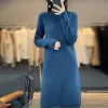 Klänning 2023 Autumn/Winter New Dress Women's 100% Pure Wool Standed Stand Neck Long Sweater Pullover Fashion Chinese Cashmere Dress