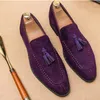 Dress Shoes Brand Design Men Suede Leather Moccasins Purple Tassel Pointed Men's Loafers Vintage Slip-on Casual Social