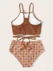 Ensemble Sexy taille haute Bikini 2023 femmes marron croisé Push Up Plaid 2 pièces maillot de bain été maillot de bain Micro maillots de bain maillots de bain