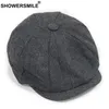 Showersmile Black Grey Wool Hat Man Newsboy Caps Herringbone Tweed Warm Winter Octagonal Hat Male Female Gatsby Retro Flat Caps S1260i