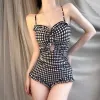 SET 2023 NY DESIGN KOREAN SEXY Backless Thousand Bird Grid Triangular Body Cover Belly Slimming Resort Hot Spring Swimsuit Women