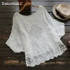 Camicetta Camicetta bianca Blusas Top da donna femminile Manica lunga Scava fuori Camicette da spiaggia all'uncinetto in cotone Boho Top corto Camicie da donna