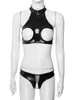 Mulheres Sexy Bare Chested Lingerie Set Patent Leather Underwear Terno Copos Abertos Sutiã Tops com Crotchless Briefs Nightwear Clubwear 240305