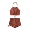 Bikini 2024 new solid color suspender strap split body swimsuit for womens summer flat angle sports beach bikini