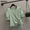 Passar kvinnors träningsdräkt Koreansk elegant fyrkantig nacke puffhylsa Chiffon Top+byxor Twopiece Set 2022 Summer Fashion Blue Trouser Suit