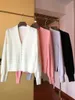 Women's Knits Pink Cashmere Cardigan For Women 2024 Sexy V Neck Puff Sleeve Lavender Sweater Elegant Pearls Button White Black Knitwears
