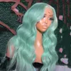 Hår peruker mynta grön färgad kroppsvåg syntetisk peruk grå hait lång vågig gluelös fiber spets frontala peruker cosplay Använd kvinnor hår 240306