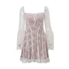 Robe Y2K dentelle imprimé français Vintage robe plissée femmes noeud col carré manches longues garniture élégante fête tenues de vacances bohème Chic