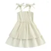 Robes de fille petite robe en dentelle sans manches sangle grand ourlet princesse enfants couleur unie robe d'été (Beige 3-4T)