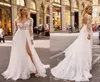 2020 Berta Wedding Dresses V Neck Appliqued Long Sleeves Lumbar Lace Bridal Gown Backless High Split Ruffle Sweep Train Robes De M6573987