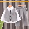 Småbarn pojkar gentleman långärmad vit thirt pläddräkt slips 3 stycke kläder kläder pojkar formella kläder set 240220