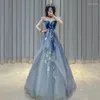 Party Dresses Blue Elegant Flying Sleeve aftonklänning Kvinnor O-Neck Back Tull A-Line Prom Gown Sweet Midje Applicques Quinceanera