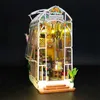 Arkitektur/DIY House Diy Garden House Book Nook Hylla Insert Miniature Building Kits Träblomma Garden Room Bookhelf med LED -lampor Dollhouse