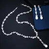 Dangle Earrings Gorgeous CZ Long Leaf Pearl Necklace And Earring Costume Jewelry Set For Fiancee