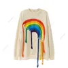 Autumn and Winter American High Street Fashion Märke Rainbow Tassel Round Neck Pullover Loose and Plushed Mens and Womens Par Style Off Shoulder Sleeves tröja