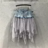 skirt Summer Mini Tutu Tulle Skirt Gothic Punk Women High Waist Irregular Denim Skirts Club Party Mesh Patchwork Short Jeans Jurken