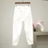 Jeans femininos puro algodão branco mulheres soltas plus size denm calças meninas senhoras verão outono buraco hallen calças de nove minutos