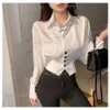 Lente Nieuwe Witte Vleermuis Bubble Mouwen Kleine Shirt Sexy Hoge Taille Afslanken Lange Mouw Korte Shirt Voor Vrouwen 151