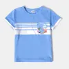 Kleider Patpat Passende Familienoutfits, Blumendruck, Rüschenärmel, Midikleider mit Gürtel und gestreifte Kurzarm-T-Shirt-Sets