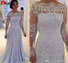 Elegant Scoop A-line Chiffon Mothers Pearls Beads Lace Appliques Illusion Long Sleeves Mother of the Bride Dresses Eveni