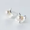 Boucles d'oreilles en argent Sterling 925, petite feuille de Ginkgo fraîche, perle d'eau douce pour femmes, bijoux de perçage à la mode