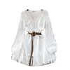 Casual Jurken Dames Zoete Witte Ruches Bandage Mini-jurk Lange Mouw Elegant Geplooid Korte Koreaanse Mode Herfstvakantie 2024 Vintage