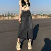 Frühling Mode Mittlere Länge Split Denim Rock für Frauen Hohe Taille Lose A-linie Rock Koreanische Elegante Schwarze Röcke
