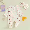 Footies Pudcoco Baby Girls Valentines Day Foot Cover Bemsuit Long Sleeve Crew Neck Heart Print Huffle Sthipper with Veadband 0-6M YQ240306