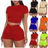 Tweedelige damesbroek Shorts Set Ronde kraag Korte mouw Slim Fit Crop Tops Kruis Hoge taille Getailleerd Mode Effen Yoga Fitness